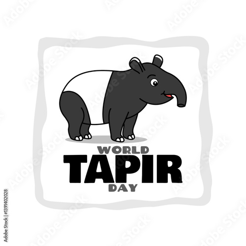 World Tapir Day to celebrate on April 27th. Illustration of a cute tapir with bold text in frame on white background. Animal event banner.