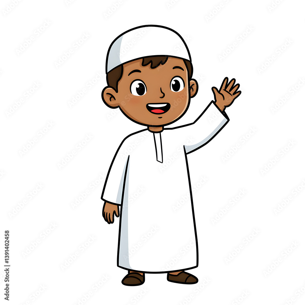 Cartoon Muslim Boy in Traditional Outfit Smiling and Waving Cartoon Muslim Boy in Traditional Outfit Smiling and Waving