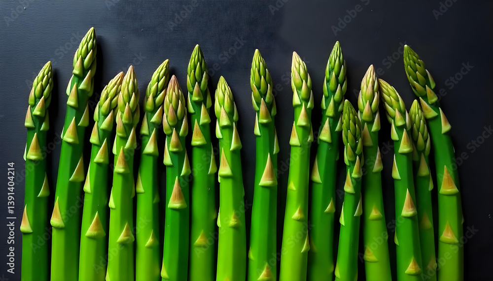 Fototapeta premium Vibrant green asparagus spears stand tall against a dark backdrop, showcasing fresh, healthy produce.