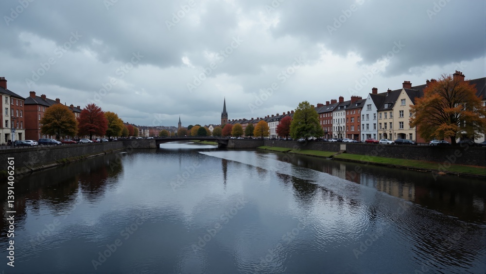 Naklejka premium Liffey Views in Ireland Dublin shows calm river with bridge, red-roofed houses, trees in autumn colors. Concept of Liffey Views in Ireland Dublin reflects serene landscape.