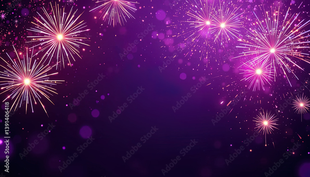 Naklejka premium A vibrant purple background features a display of bright fireworks creating a festive and celebratory scene.