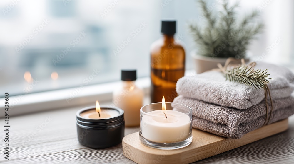 A serene spa setup featuring candles, towels, and natural elements, creating a calming atmosphere for relaxation and self-care. A serene spa setup featuring candles, towels, and natural elements, creating a calming atmosphere for relaxation and self-care.