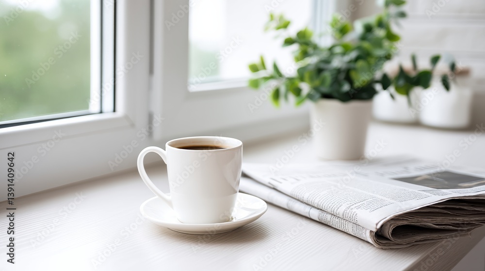 A serene morning scene featuring a cup of coffee, a newspaper, and a small plant by the window, creating a calming atmosphere. A serene morning scene featuring a cup of coffee, a newspaper, and a small plant by the window, creating a calming atmosphere.