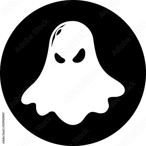 Minimalist spectral apparition illustration within a stark circular frame design