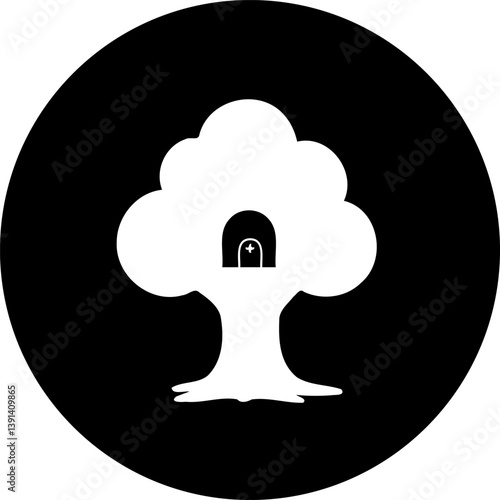 Stylized arboreal icon set within a dark circular field, representing nature