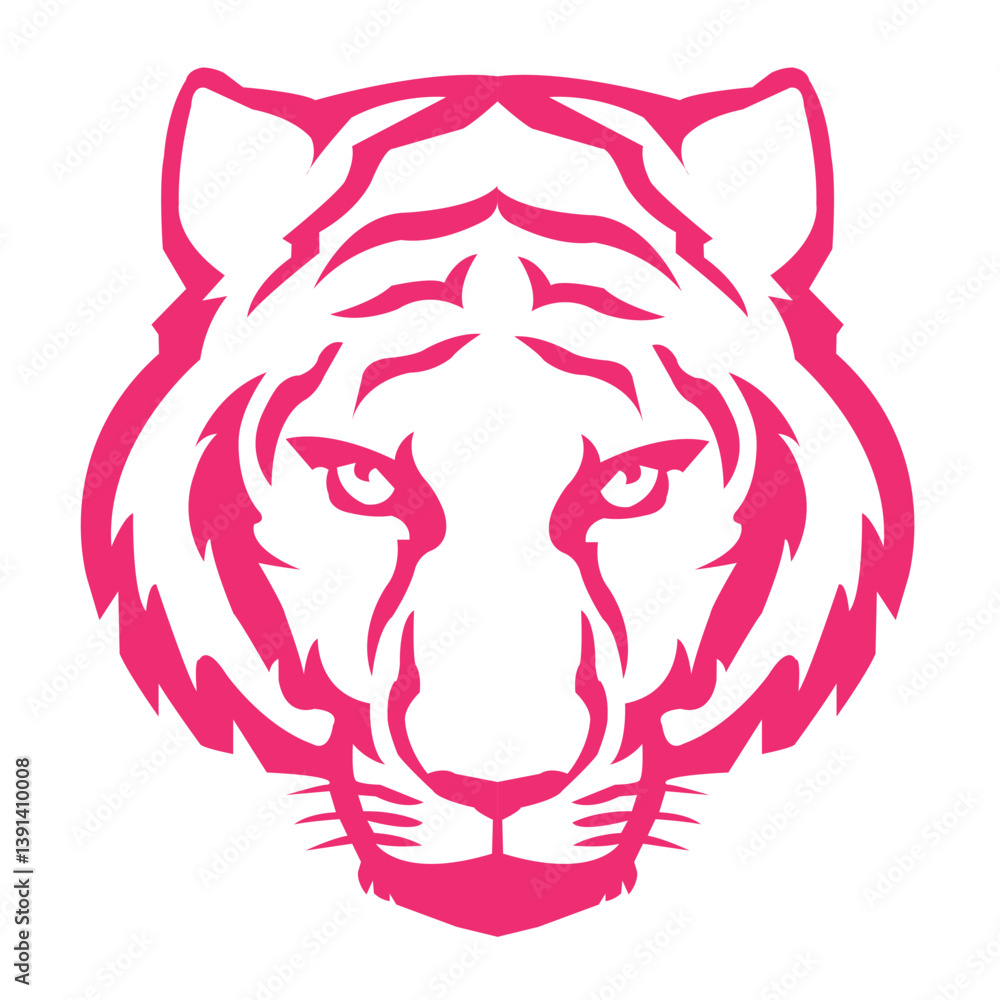 Fototapeta premium Pink Tiger Head - Fierce Feminine Animal, Wild Cat Face Clipart, Girl Power Jungle Tiger, Wildlife Logo Design