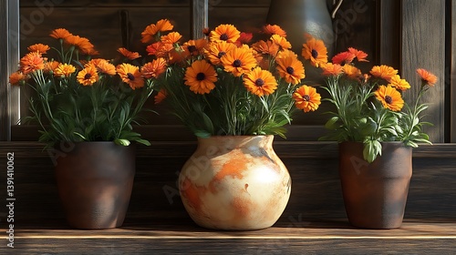 Wallpaper Mural Orange flowers in rustic pottery vases on wooden shelf. Torontodigital.ca
