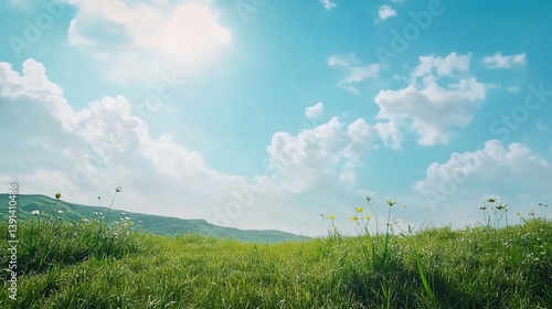 Beautiful spring meadows against the blue sky with white clouds in the background. Banner showing green meadows, perfect for the natural background of the spring vector presentation design.