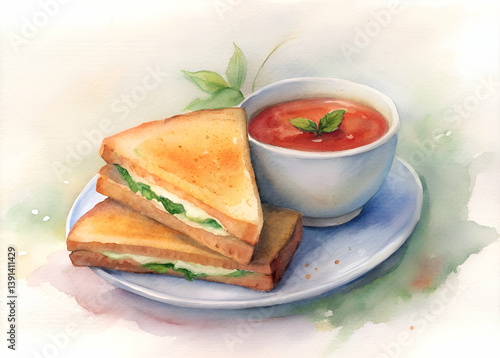 Grilled Cheese and Tomato Soup. A Watercolor Delight