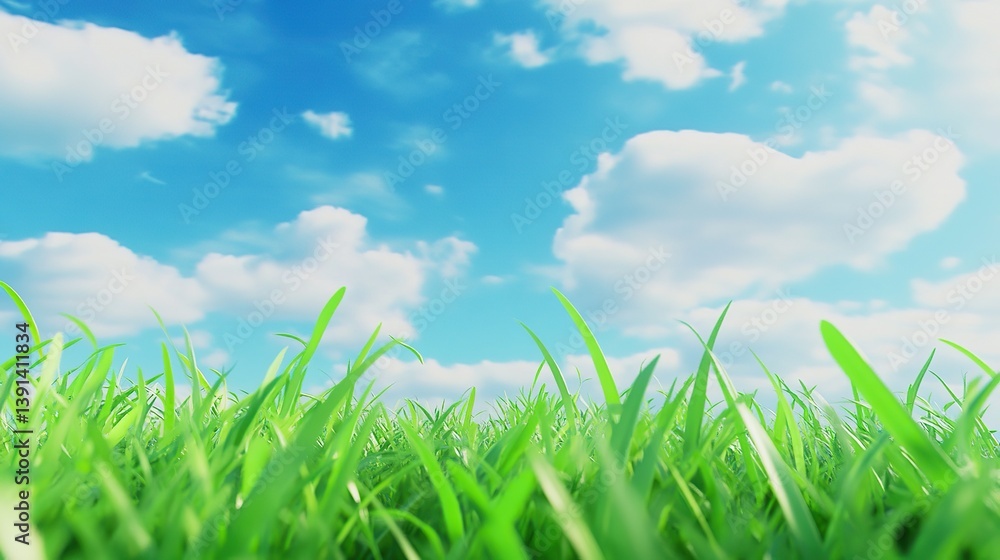 Fototapeta premium Beautiful spring meadows against the blue sky with white clouds in the background. Banner showing green meadows, perfect for the natural background of the spring vector presentation design.