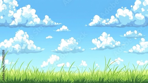 Beautiful spring meadows against the blue sky with white clouds in the background. Banner showing green meadows, perfect for the natural background of the spring vector presentation design.