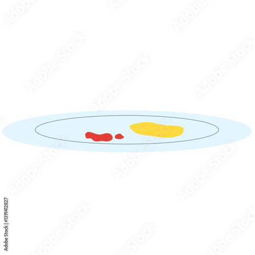 Flat vector illustration of a white plate with leftover food traces in red and yellow. Ideal for educational visuals, hygiene posters, dishwashing concepts, or kitchen-related graphic design elements.