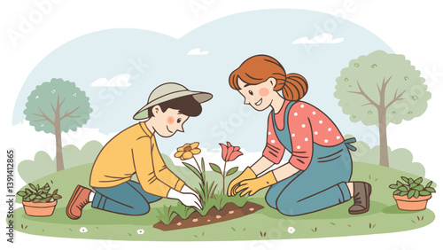 a cartoon couple arranging a flower bed vector art design
