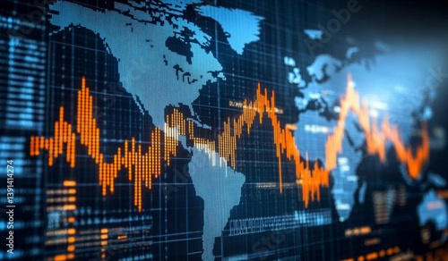 Global financial market trends displayed on a digital interface.  Complex data visualizations depict fluctuating investment figures overlayed on a world map