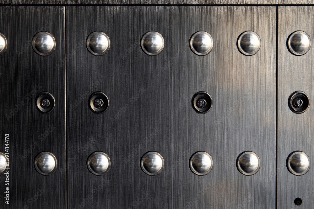 Dark metallic panel with round studs and recessed elements Dark metallic panel with round studs and recessed elements