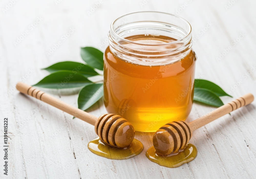 A close up of a honey jar with two dippers and green leaves on a white wooden surface top view A close up of a honey jar with two dippers and green leaves on a white wooden surface top view
