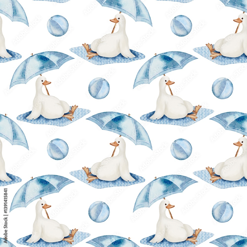 Obraz premium Geese enjoying a sunny day with umbrellas, balls, and a cheerful background pattern