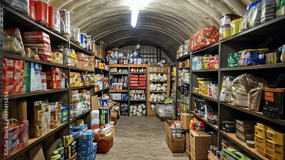 Organized Food And Supplies Stored On Shelves Inside A Dark Storage Structure Organized Food And Supplies Stored On Shelves Inside A Dark Storage Structure