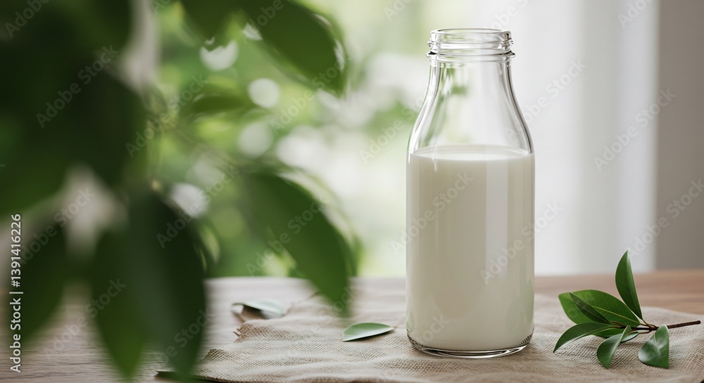 Glass bottle milk soft light natural setting. AI Generated Glass bottle milk soft light natural setting. AI Generated