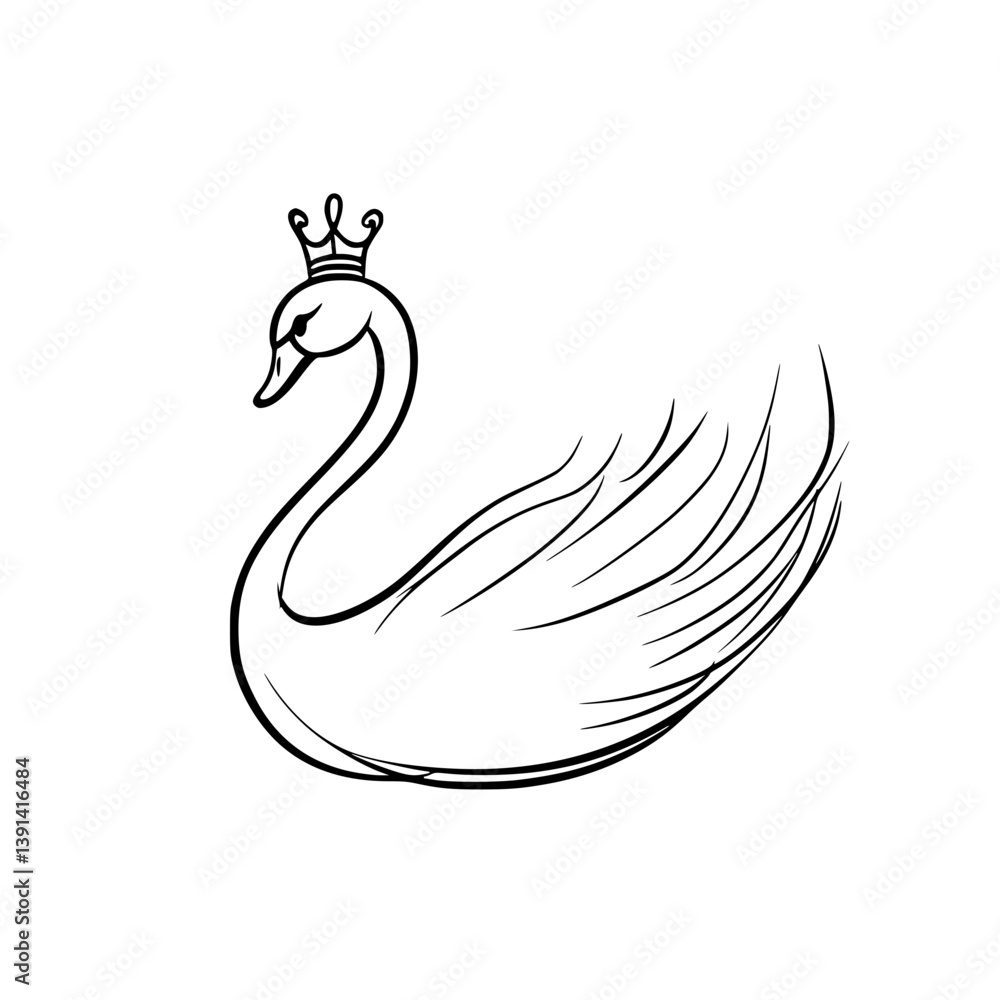 Elegant swan with crown line drawing, Graceful line art of a swan wearing a crown, symbolizing royalty and beauty, ideal for luxury, fashion, or logo use.
Elegant swan with crown line drawing, Graceful line art of a swan wearing a crown, symbolizing royalty and beauty, ideal for luxury, fashion, or logo use.