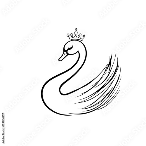 Elegant swan with crown line drawing, Graceful line art of a swan wearing a crown, symbolizing royalty and beauty, ideal for luxury, fashion, or logo use.

