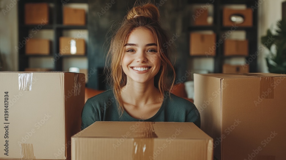 A happy freelancer sme businesswoman working with shipping boxes at home.