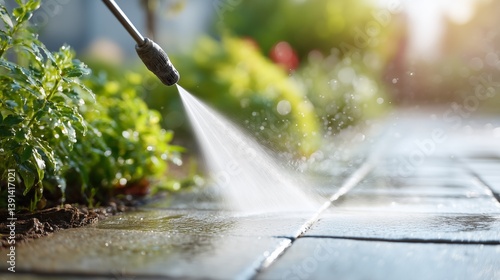 A garden hose sprays water, cleaning pavement near lush greenery on a sunny day, emphasizing outdoor maintenance and freshness.
