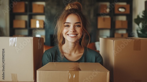 Obraz na płótnie A happy freelancer sme businesswoman working with shipping boxes at home. w salonie