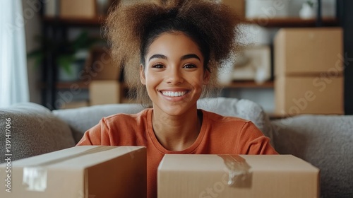 Obraz na płótnie A happy freelancer sme businesswoman working with shipping boxes at home. w salonie