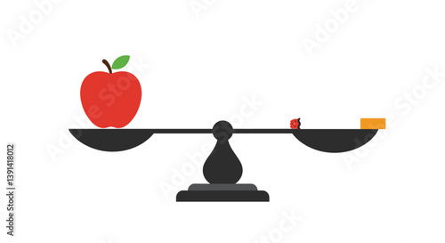 Balance of Flavors: A meticulously crafted illustration showcasing the fundamental principle of balance with a vibrant red apple juxtaposed against a small red berry and a golden rectangular item