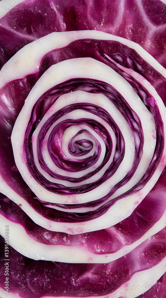 Obraz premium Close-up of a vibrant, layered spiral cut through a purple and white vegetable. The layers show a striking pattern