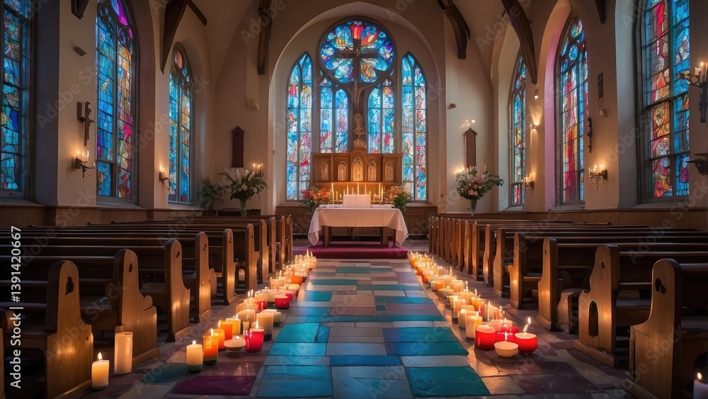 Fototapeta premium Lit candles of various sizes on a table with blurred stained glass windows and warm lighting in the background.