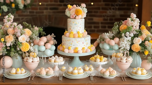 Wallpaper Mural Elegant pastel dessert table with cake and floral arrangements. Torontodigital.ca