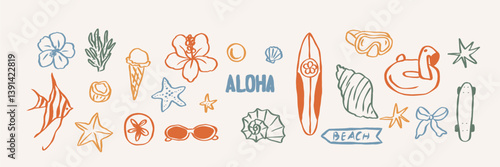 Hand drawn beach elements. Summer vacation clipart