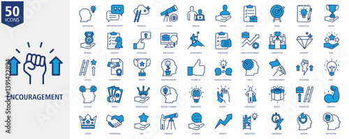Encouragement Icon Set Outline blue Style with motivation, motivation quote, potential, vision, mentor, support, checklist, goals, conceptual and success
