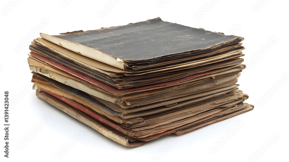 Stack of aged, worn paper documents and books isolated on white background. Stack of aged, worn paper documents and books isolated on white background.
