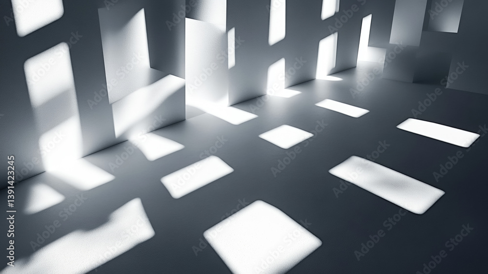 Abstract geometric shadows and light patterns on a wall and floor in minimal architectural space