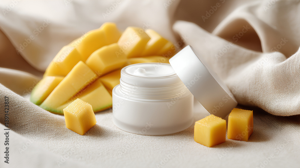 Moisturizing cream in open white jar with fresh mango cubes on beige fabric background, natural skincare product concept
Moisturizing cream in open white jar with fresh mango cubes on beige fabric background, natural skincare product concept