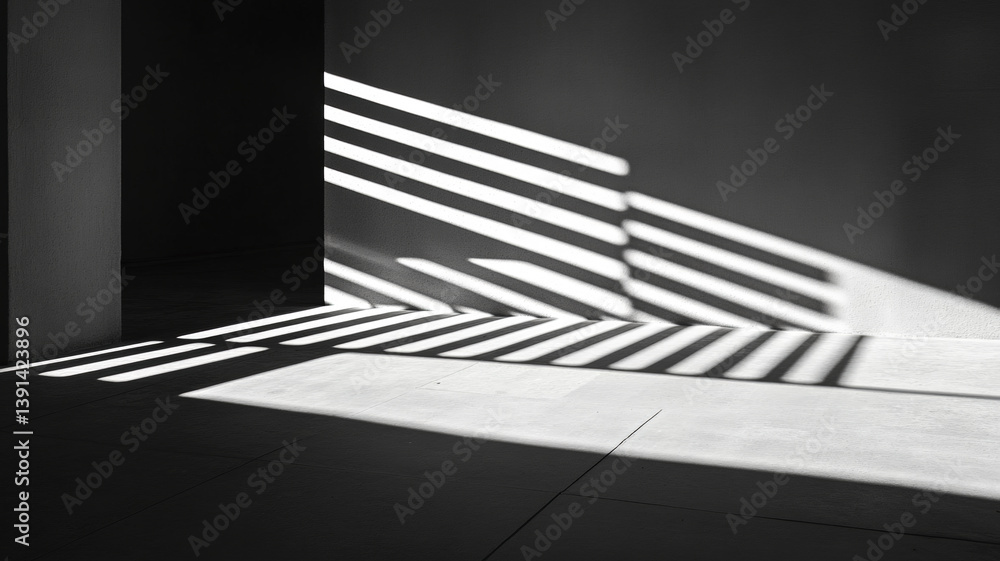 Abstract light and shadow lines casting diagonally on dark floor and wall in black and white minimalism