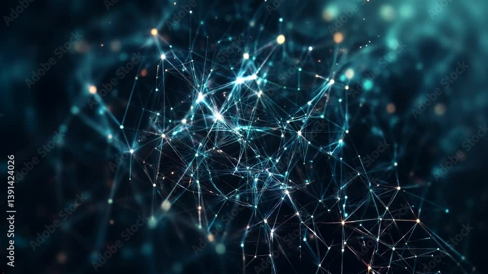 Fondo abstracto de Puntos de luz interconectados pulsan rítmicamente, simulando una red electrica o red neuronal digital de inteligencia artificial,  azul y plateada