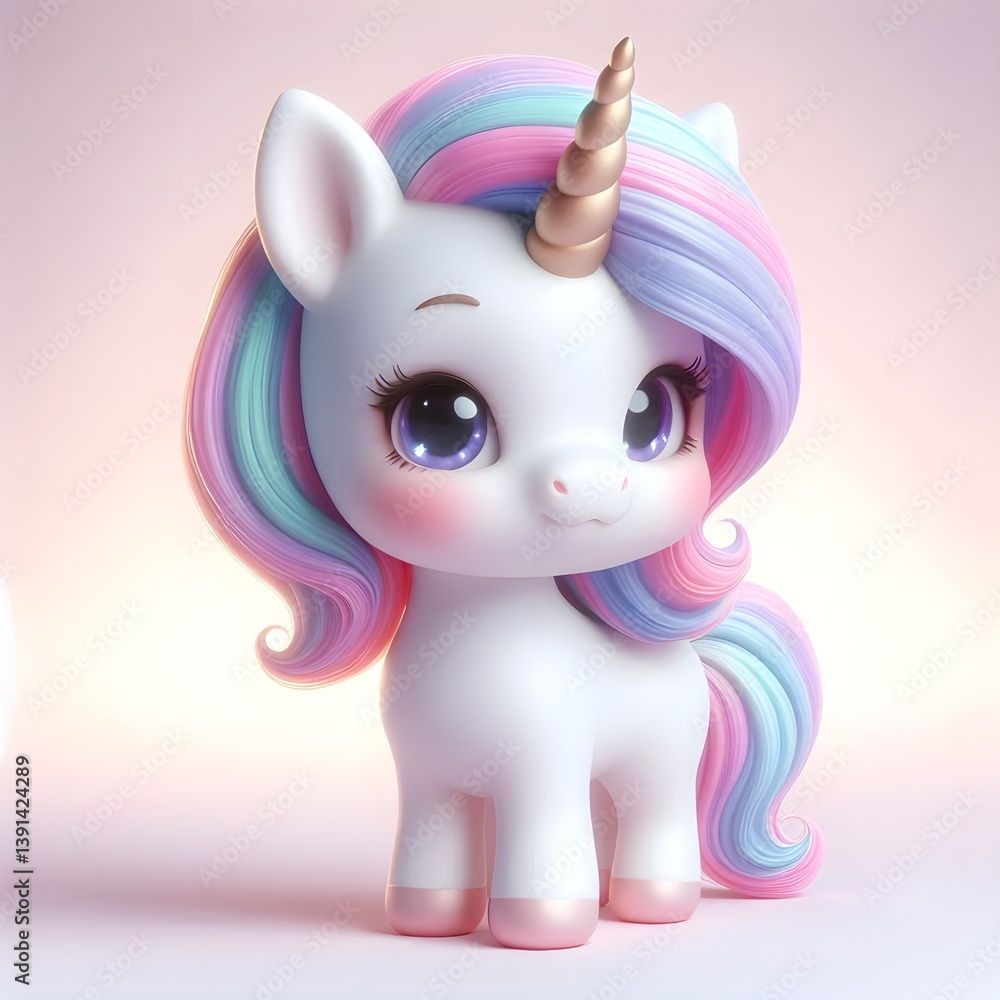 Chubby little baby unicorn with white fur and shiny horn on white Chubby little baby unicorn with white fur and shiny horn on white