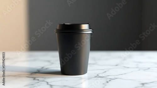 Elegant Black Disposable Coffee Cup with Gold Leaf Design on Marble Surface – Luxury Paper Cup Mockup for Branding and Packaging Presentation