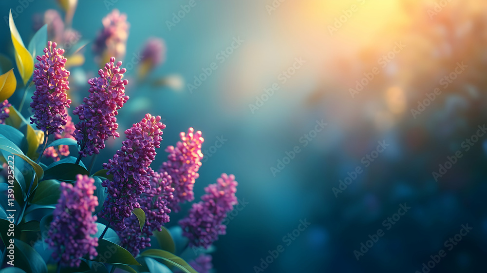 Fototapeta premium Vibrant purple lilac blossoms in soft sunlight.