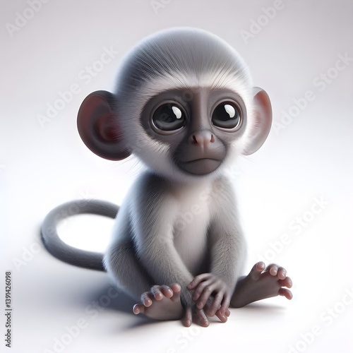 Chubby baby vervet monkey sitting with curled tail and soft gray fur on white