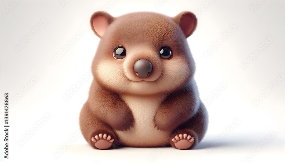 Fototapeta premium Cute 3D baby wombat with round body and shiny eyes isolated on white
