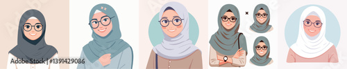 vector of woman wearing hijab and glasses smiling