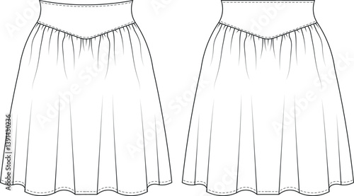 elastic banded waistband gathered flared mini short a line skirt template technical drawing flat sketch cad mockup fashion woman design style model 
