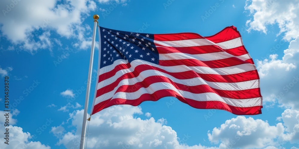 A large American flag, vibrant and billowing, waves majestically against a clear blue sky, its red and white stripes and bright stars symbolizing freedom and patriotism. A large American flag, vibrant and billowing, waves majestically against a clear blue sky, its red and white stripes and bright stars symbolizing freedom and patriotism.