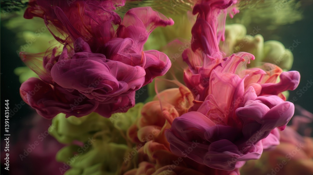 Fototapeta premium Colorful Swirling Ink in Water Creating Abstract Art with Vivid Pink and Green Hues