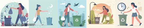 vector set of women throwing rubbish